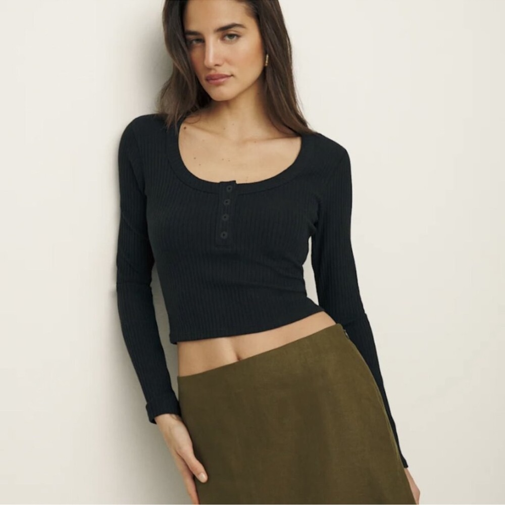 Reformation Billie Knit Top Ribbed Cropped Black Long Sleeve Medium $98